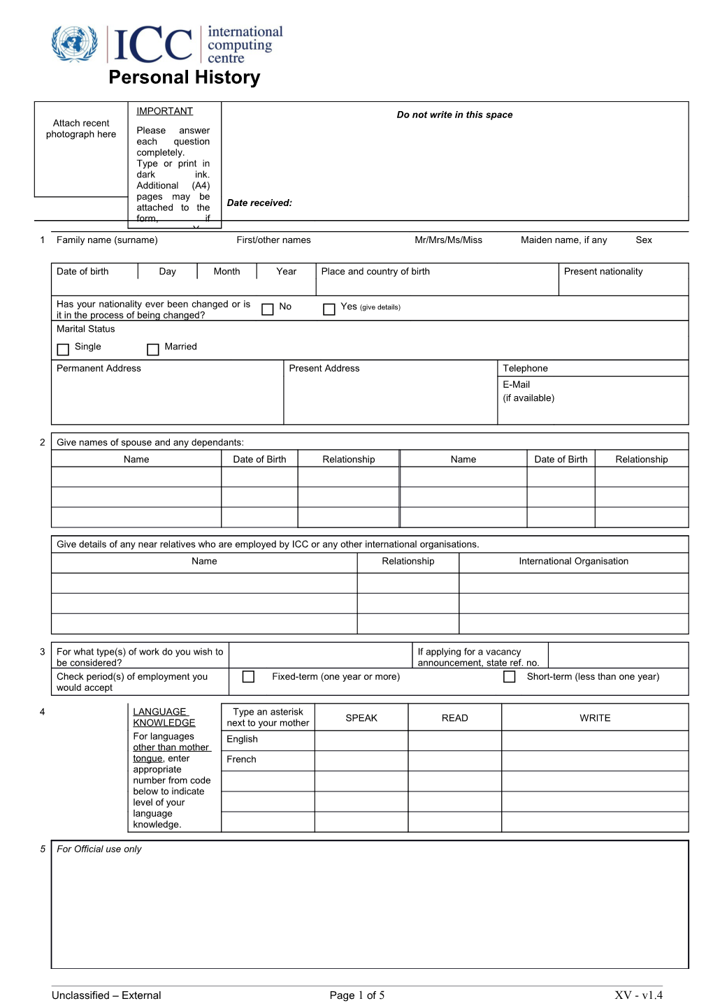 Personal History Form for Applications at ICC