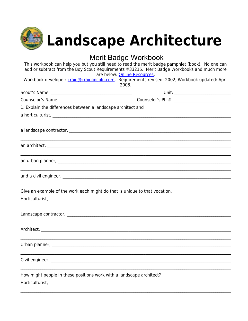 Landscape Architecture P. 4 Merit Badge Workbook Scout's Name: ______