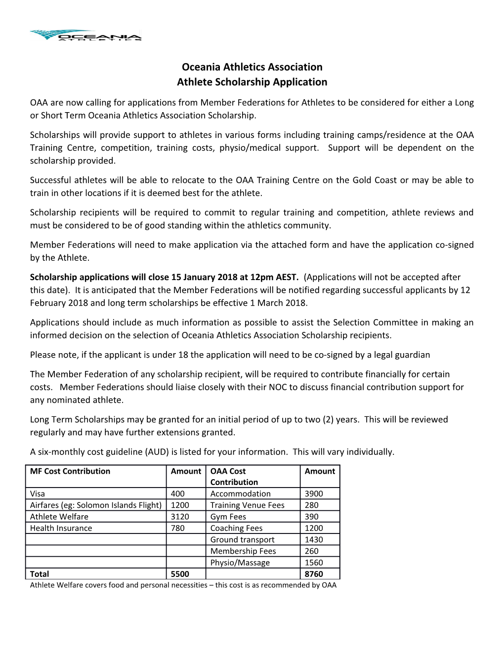 Oceania Athletics Association Athlete Scholarship Application