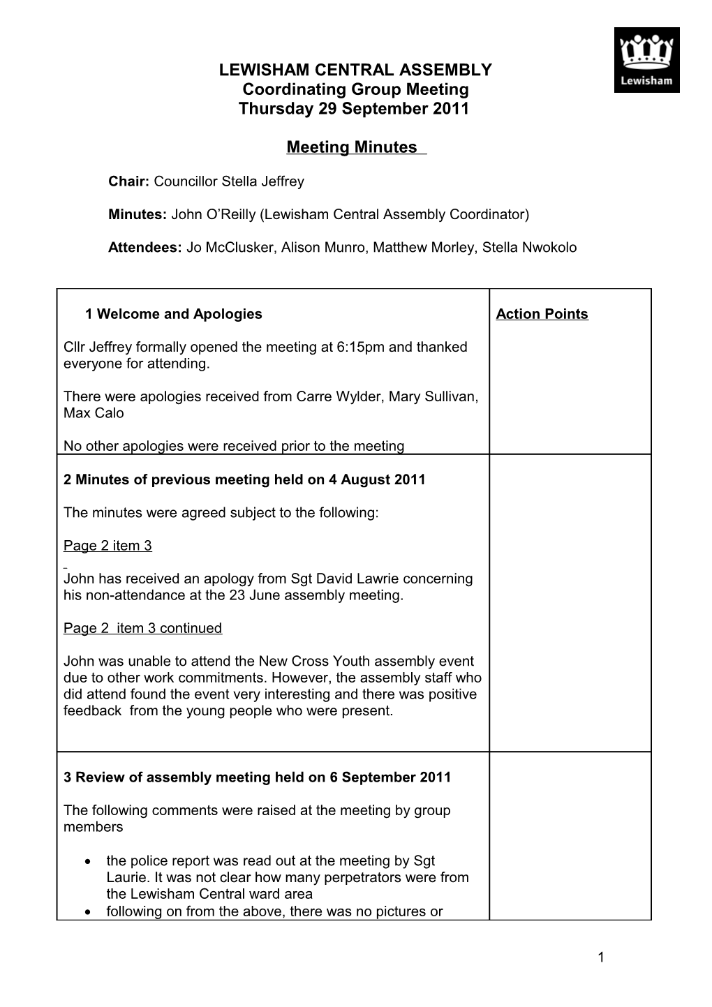 Lewisham Central Assembly Coordinating Group 29 September 2011