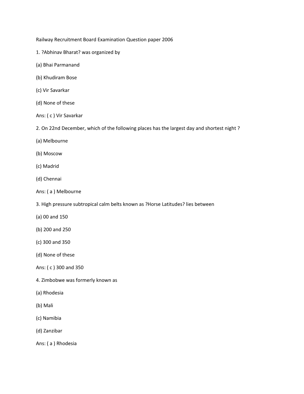 Railway Recruitment Board Examination Question Paper 2006