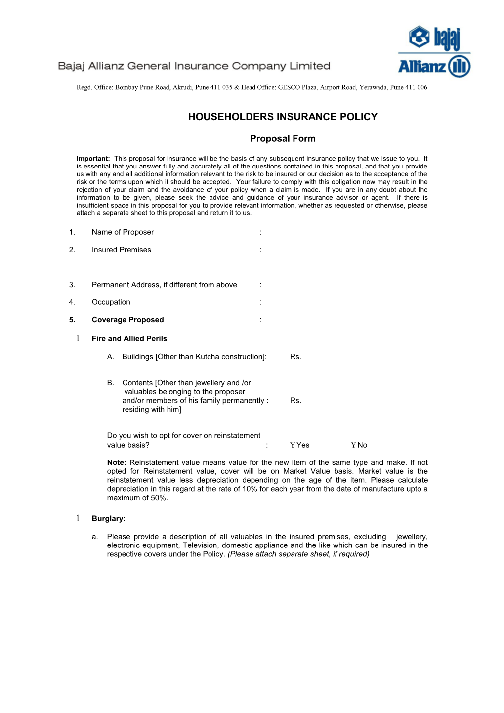 Proposal Form Attached to and Forming Part of Policy No