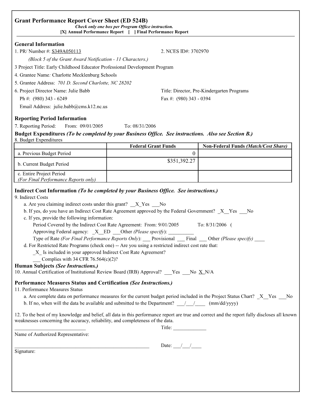 S349A050113: ED Grant Performance Report Cover Sheet (MS Word)