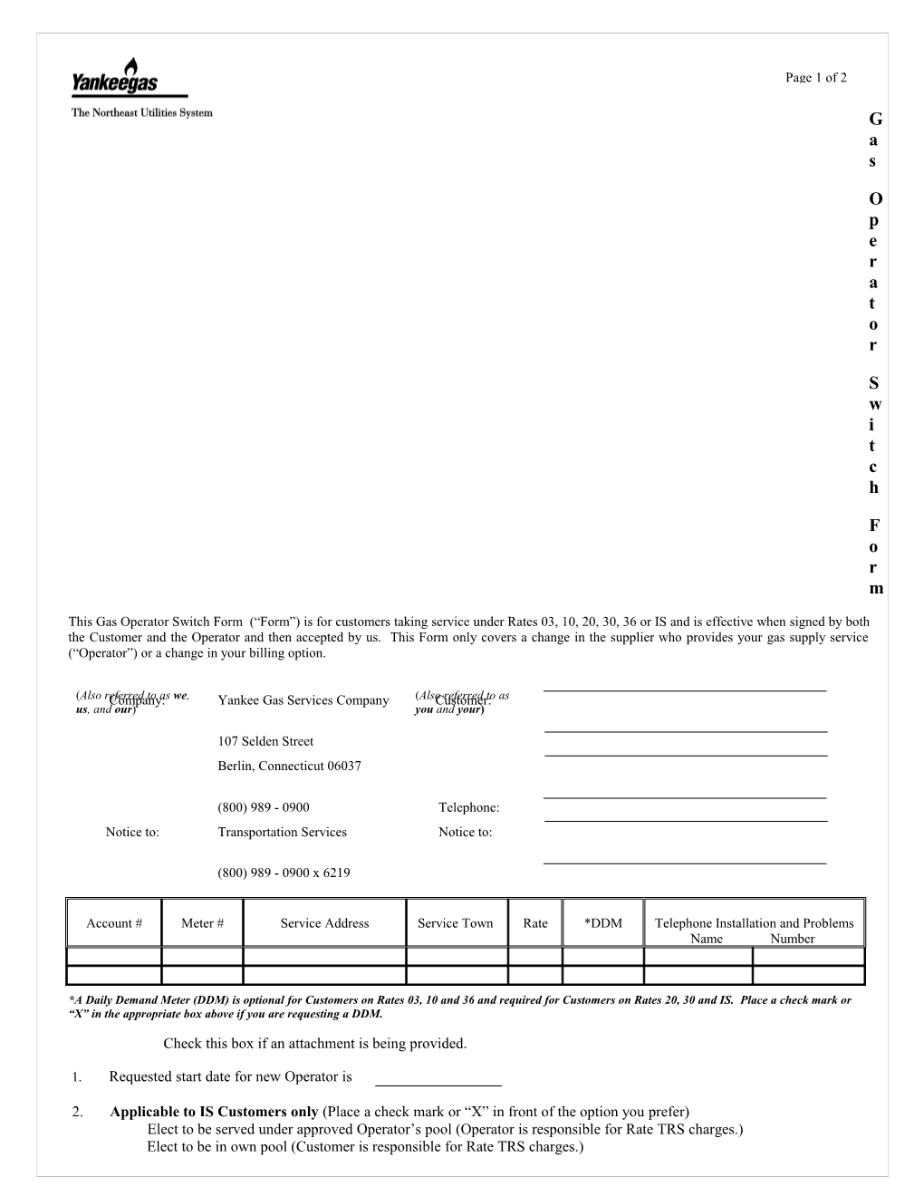 Gas Operator Switch Form