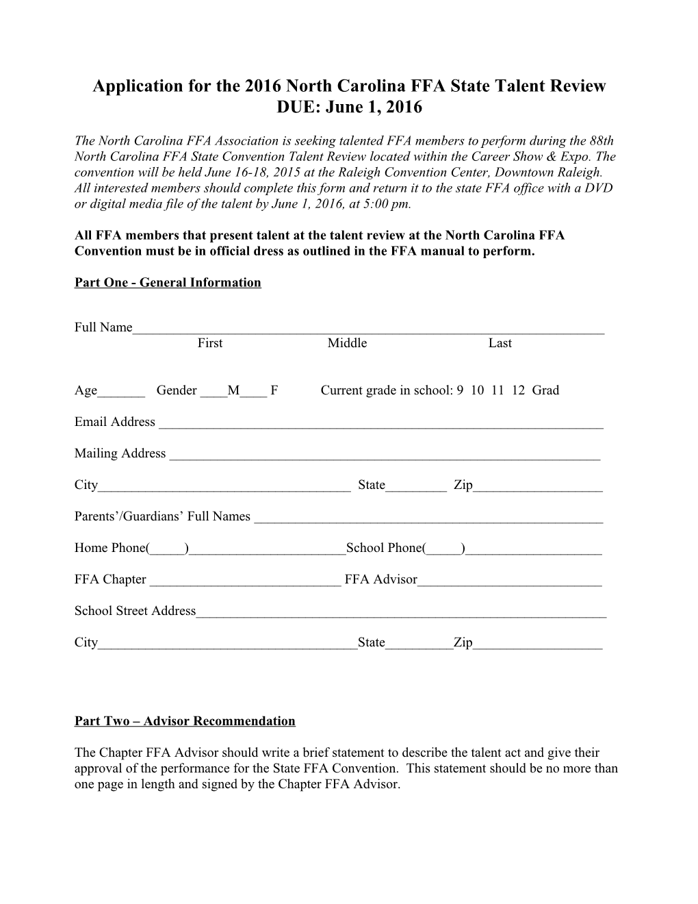 Application for the 2001 North Carolina FFA Chorus