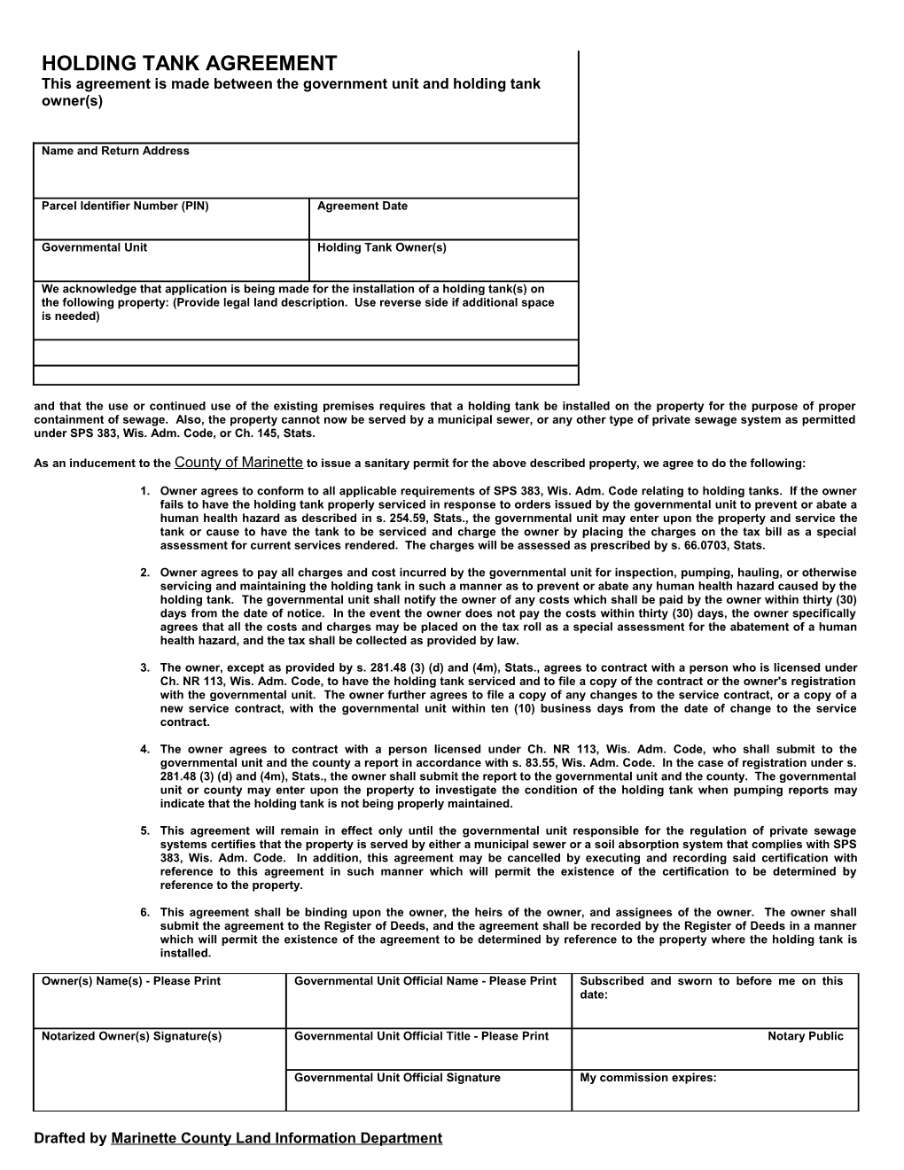 Holding Tank Agreement