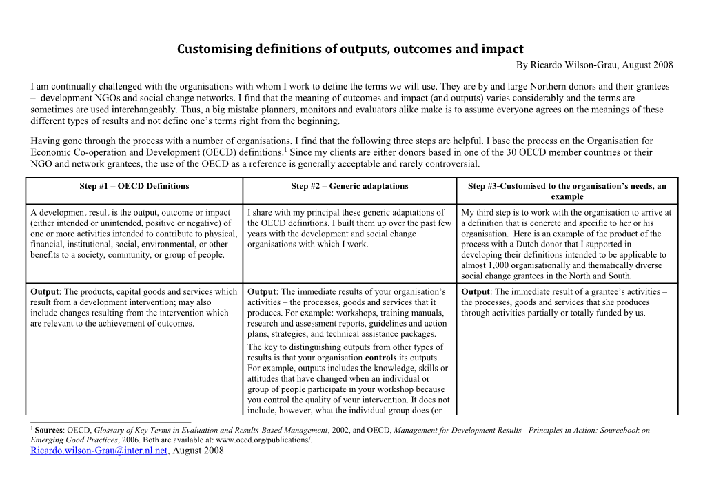 Customising Definitions of Outputs, Outcomes and Impact