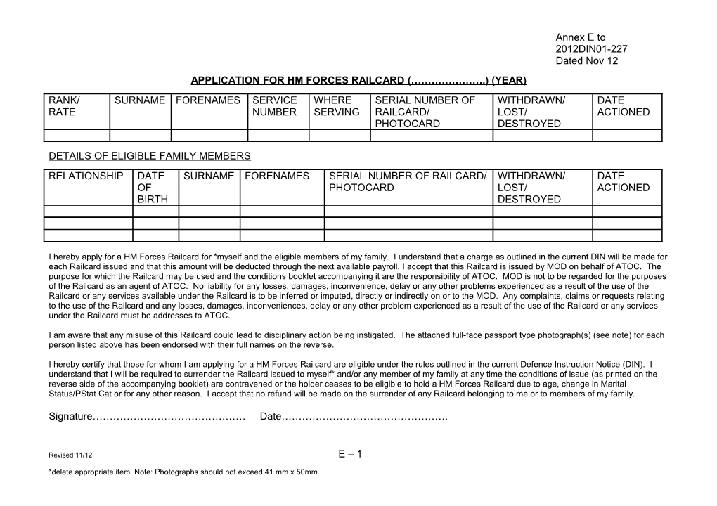 Application for HM Forces Railcard