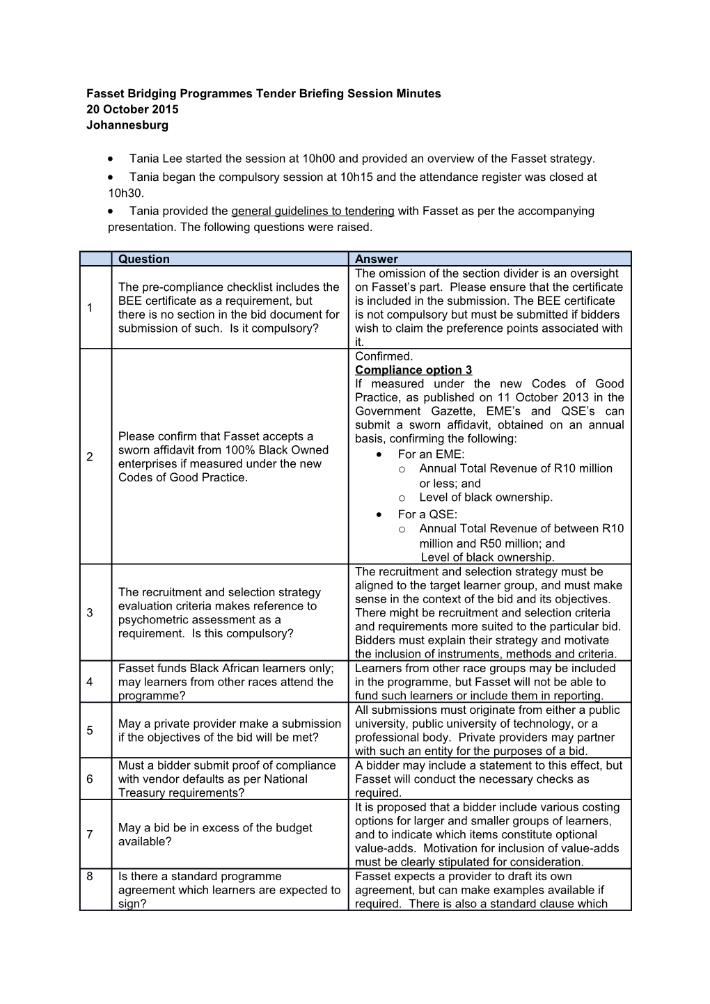 Fasset Bridging Programmes Tender Briefing Session Minutes