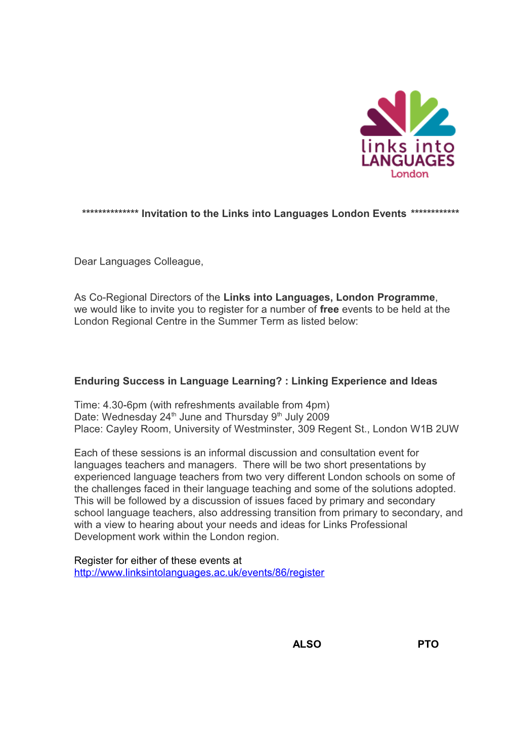 Invitation to the Launch of Links Into Language