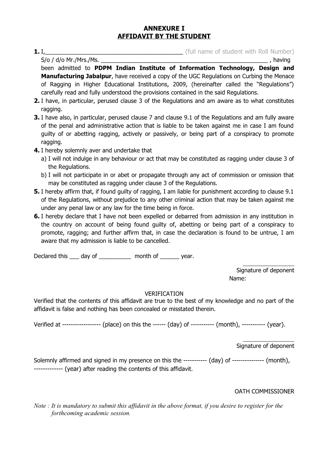 Anti-Ragging Measures : Submission of Affidavit by the Students / Parent / Guardian