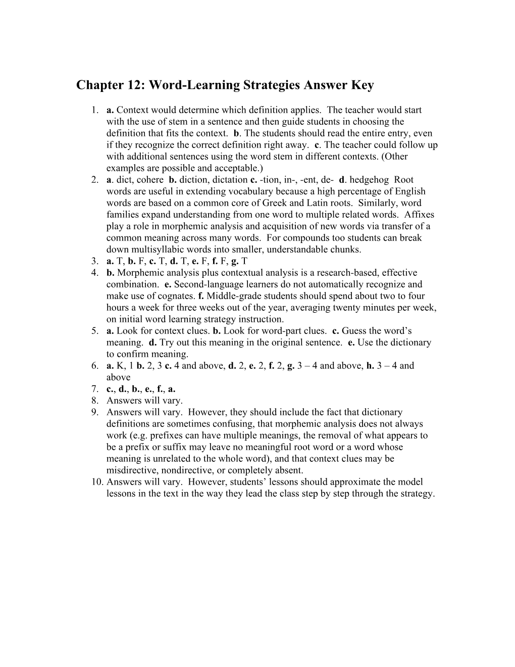 Chapter 12: Word-Learning Strategies Answer Key