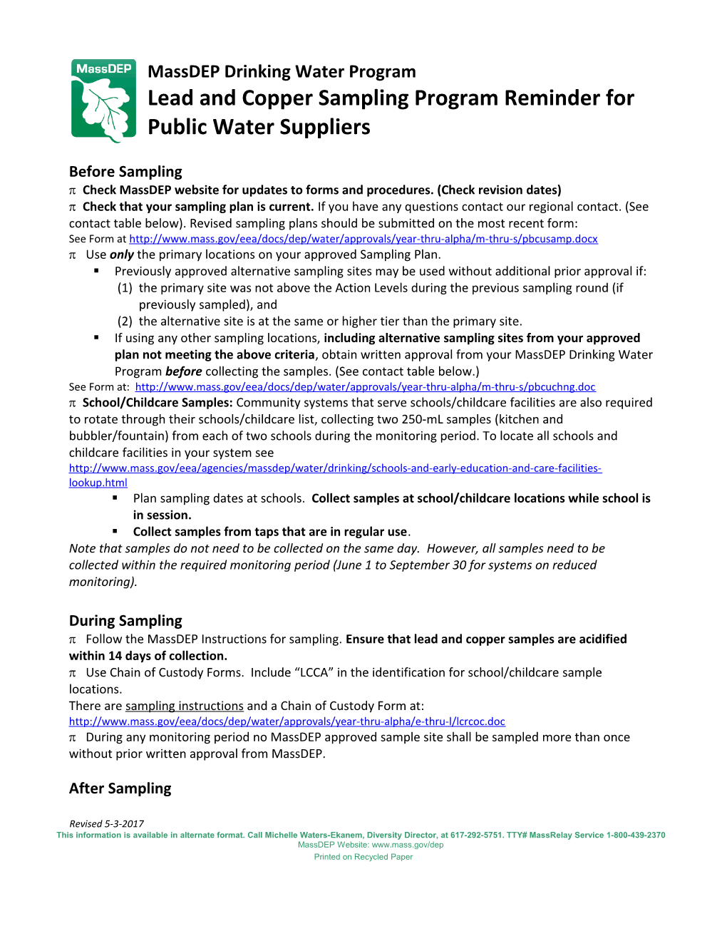 Lead and Copper Sampling Program Reminder for Public Water Suppliers