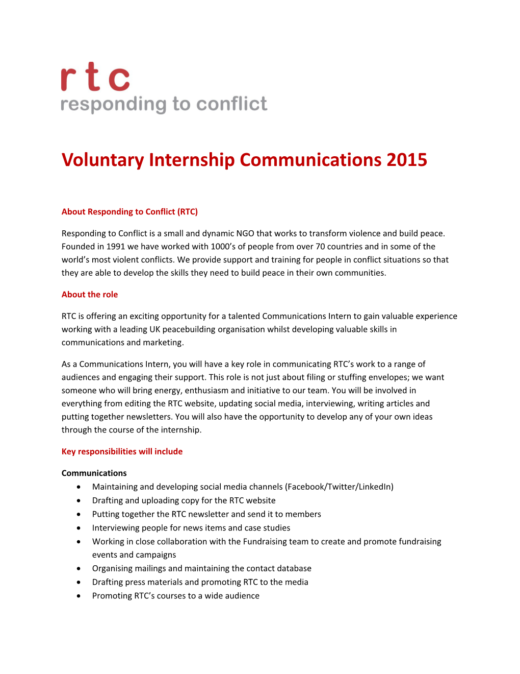 Voluntary Internship Communications 2015