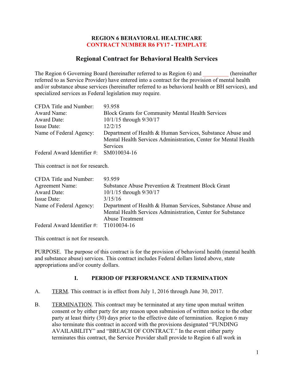 Regional Contract for Behavioral Health Services