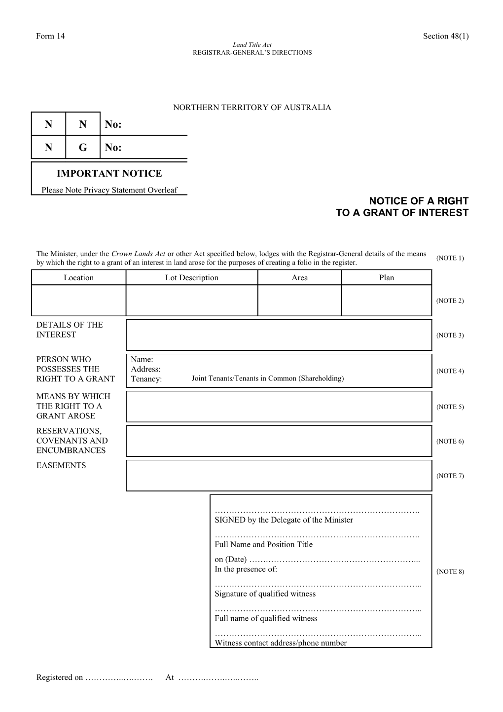 Form No. 14 - Notice of a Right to a Grant of Interest