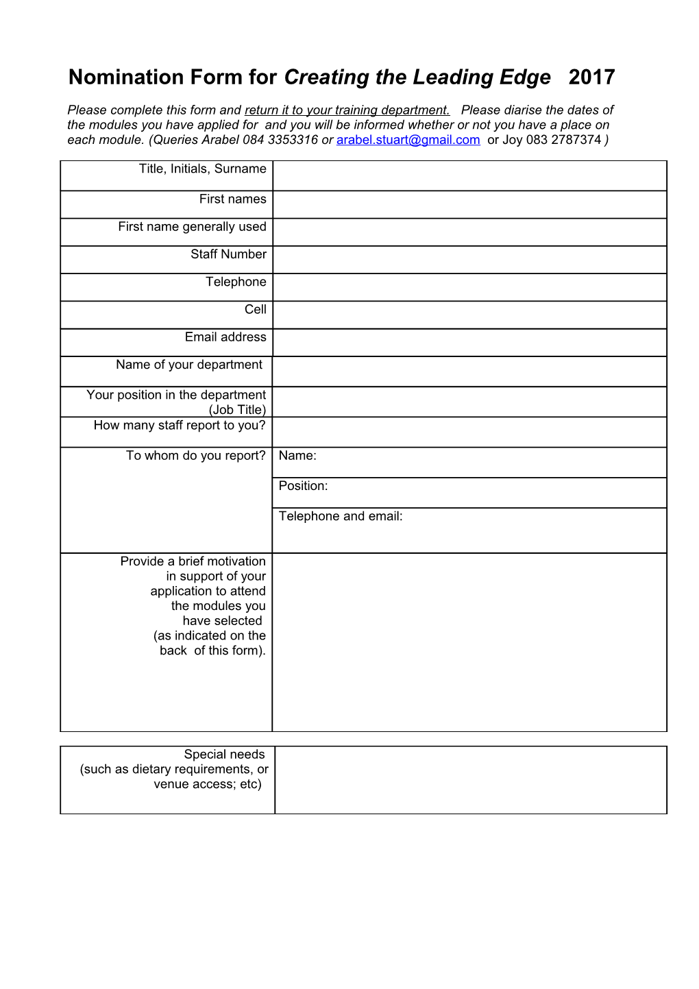 Nomination Form for Creating the Leading Edge 2017