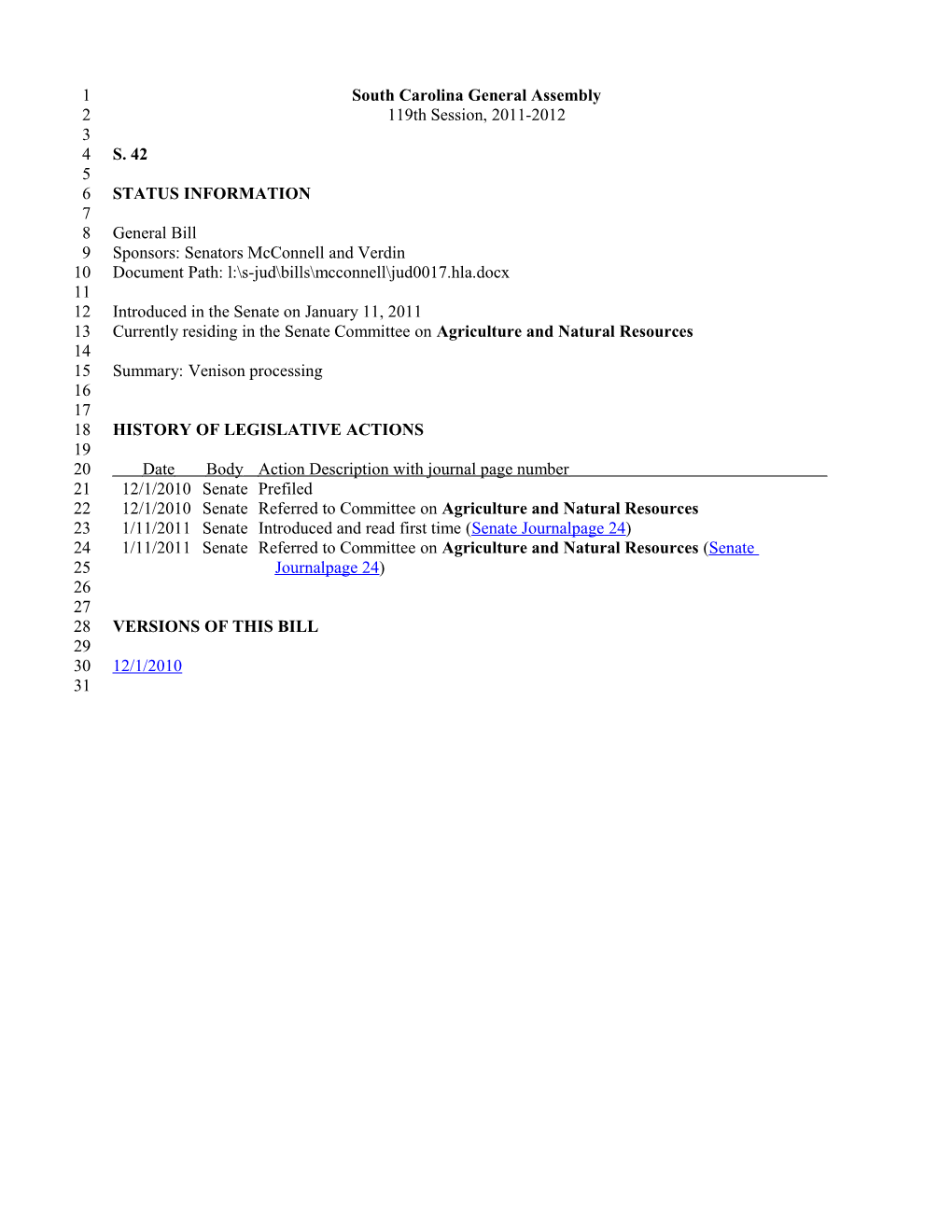 2011-2012 Bill 42: Venison Processing - South Carolina Legislature Online