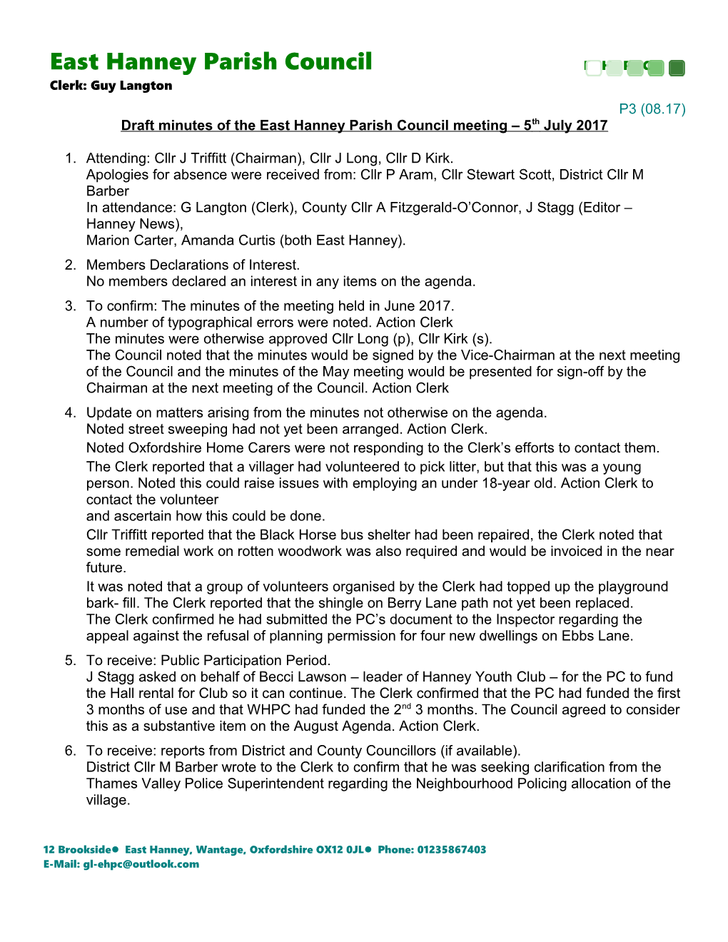 Draft Minutes of the East Hanney Parish Council Meeting 5Th July 2017
