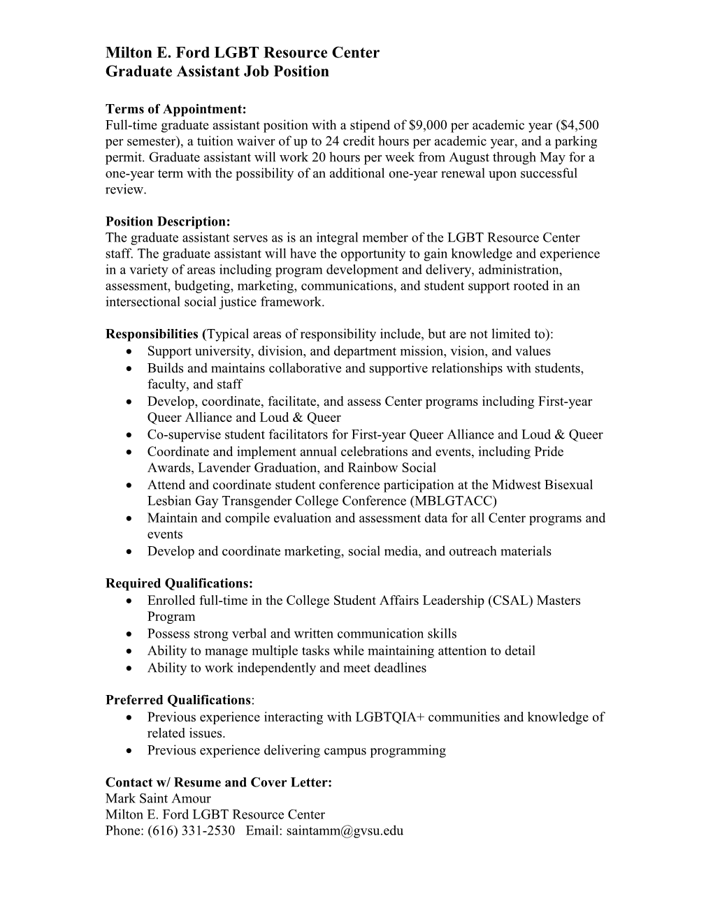 Women S Center Graduate Assistant Position