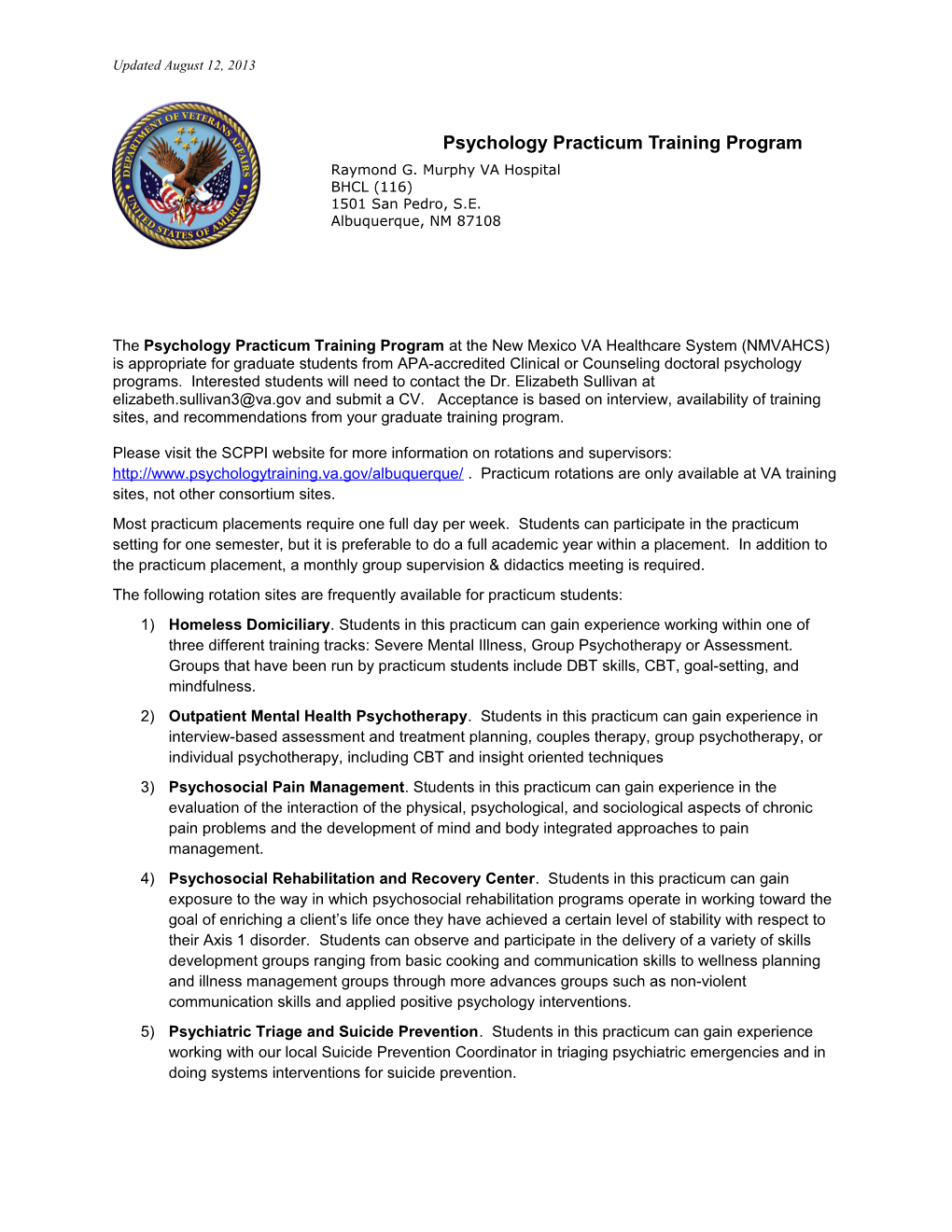 Psychology Practicum Training Program - U.S. Department of Veterans Affairs