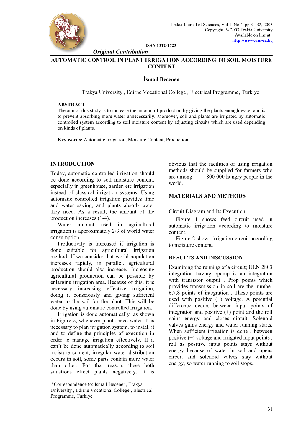 Trakia Journal of Sciences, Vol 1, No 4, Pp 31-32, 2003