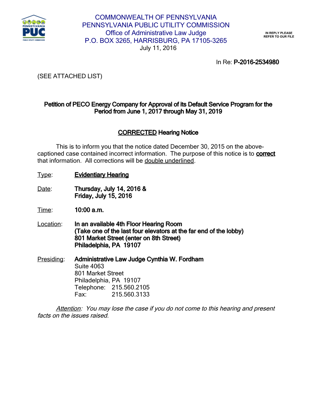 Pittsburgh Hearing Notice