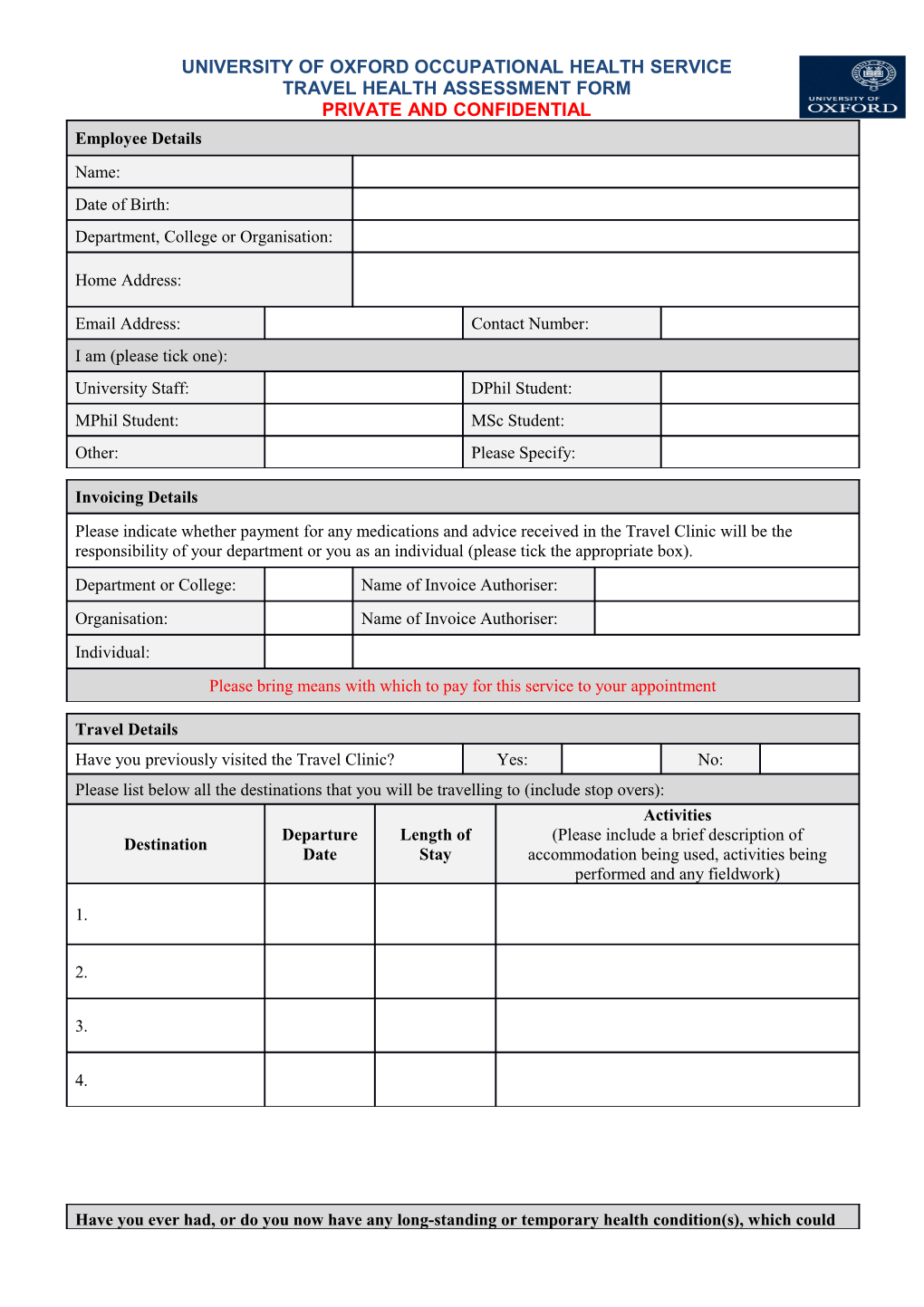 Travel Health Assessment Form