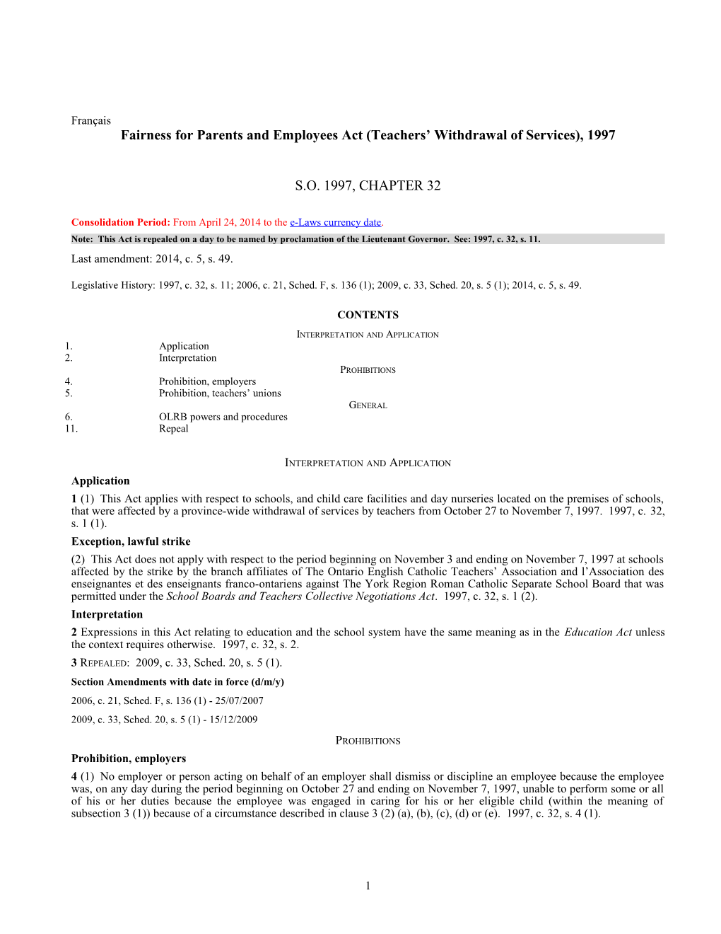 Fairness for Parents and Employees Act (Teachers' Withdrawal of Services), 1997, S.O. 1997