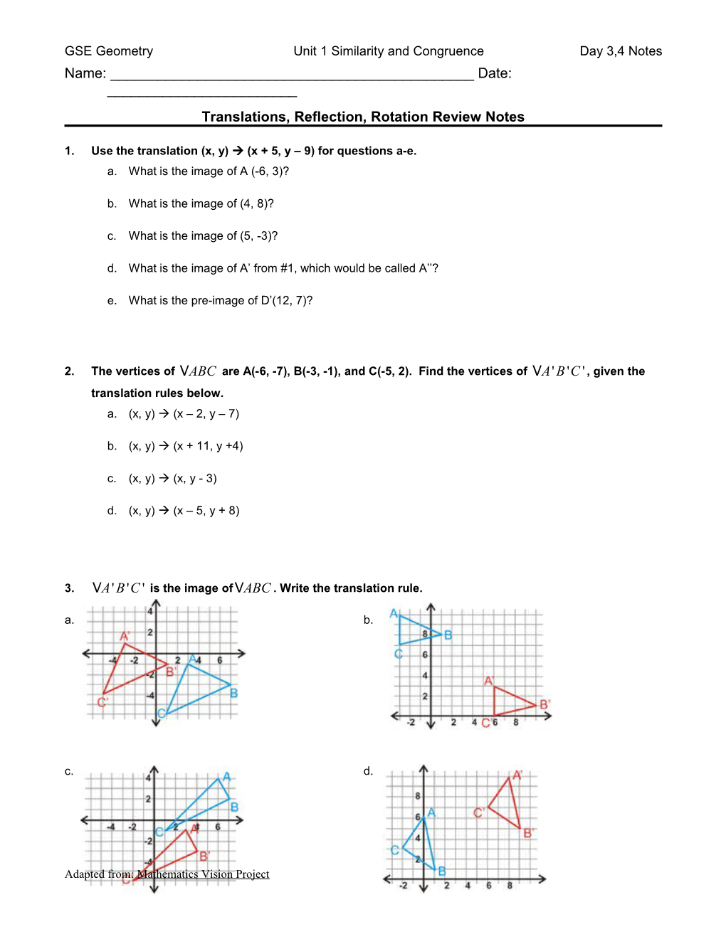 GSE Geometry Unit 1 Similarity and Congruenceday 3,4 Notes
