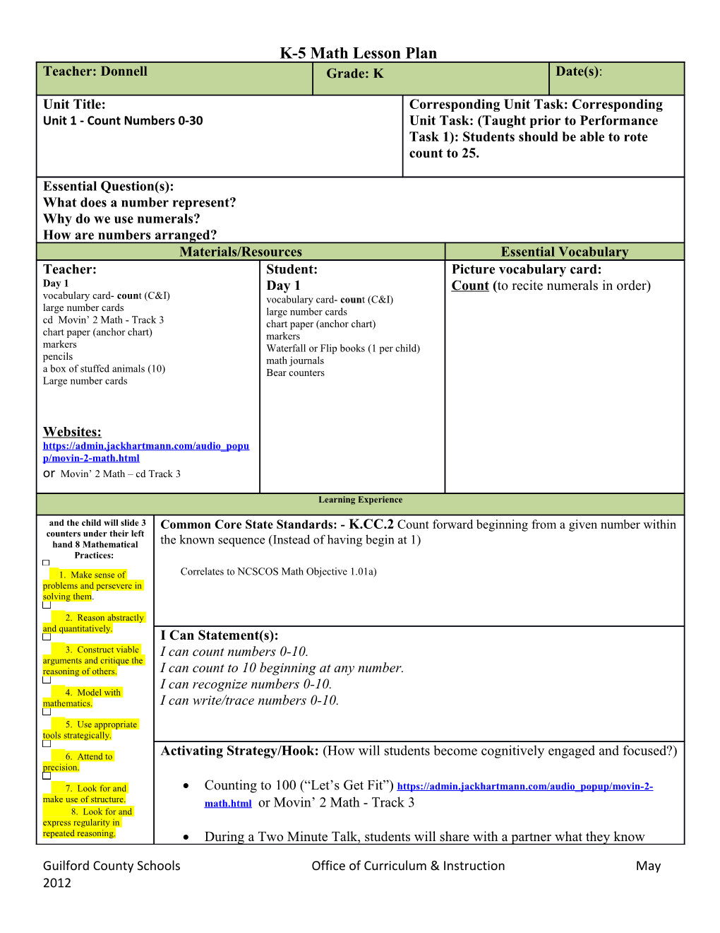 K-5 Math Lesson Plan