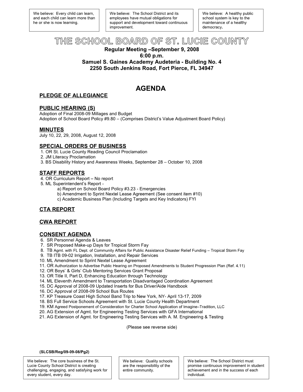 09-09-08 SLCSB Regular Board Meeting Agenda