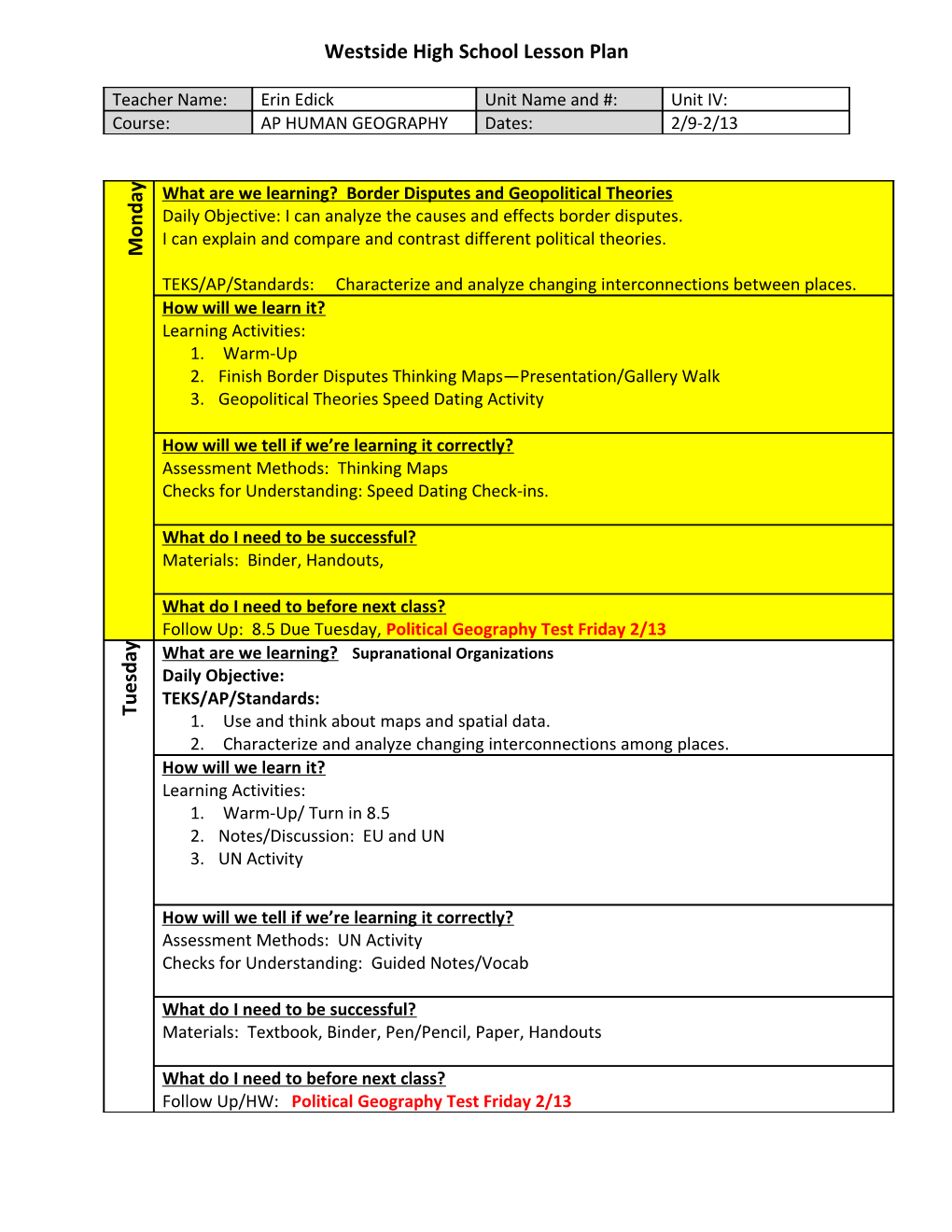 Westside High School Lesson Plan s11