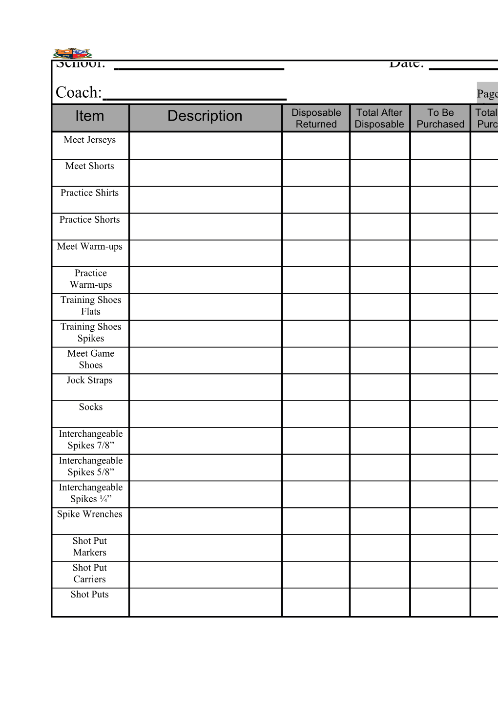 Athletic Department Track Field Inventory