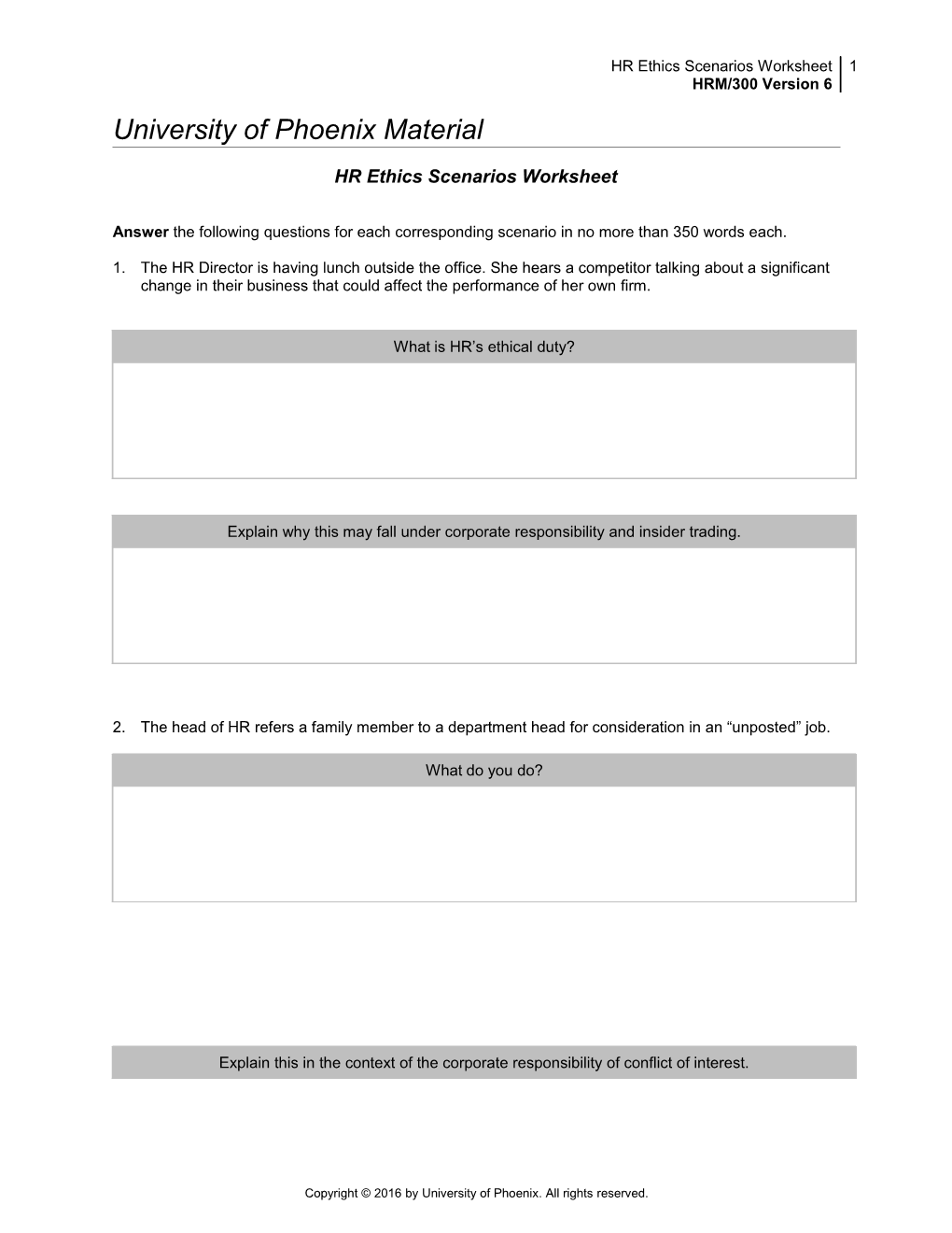 HR Ethics Scenarios Worksheet