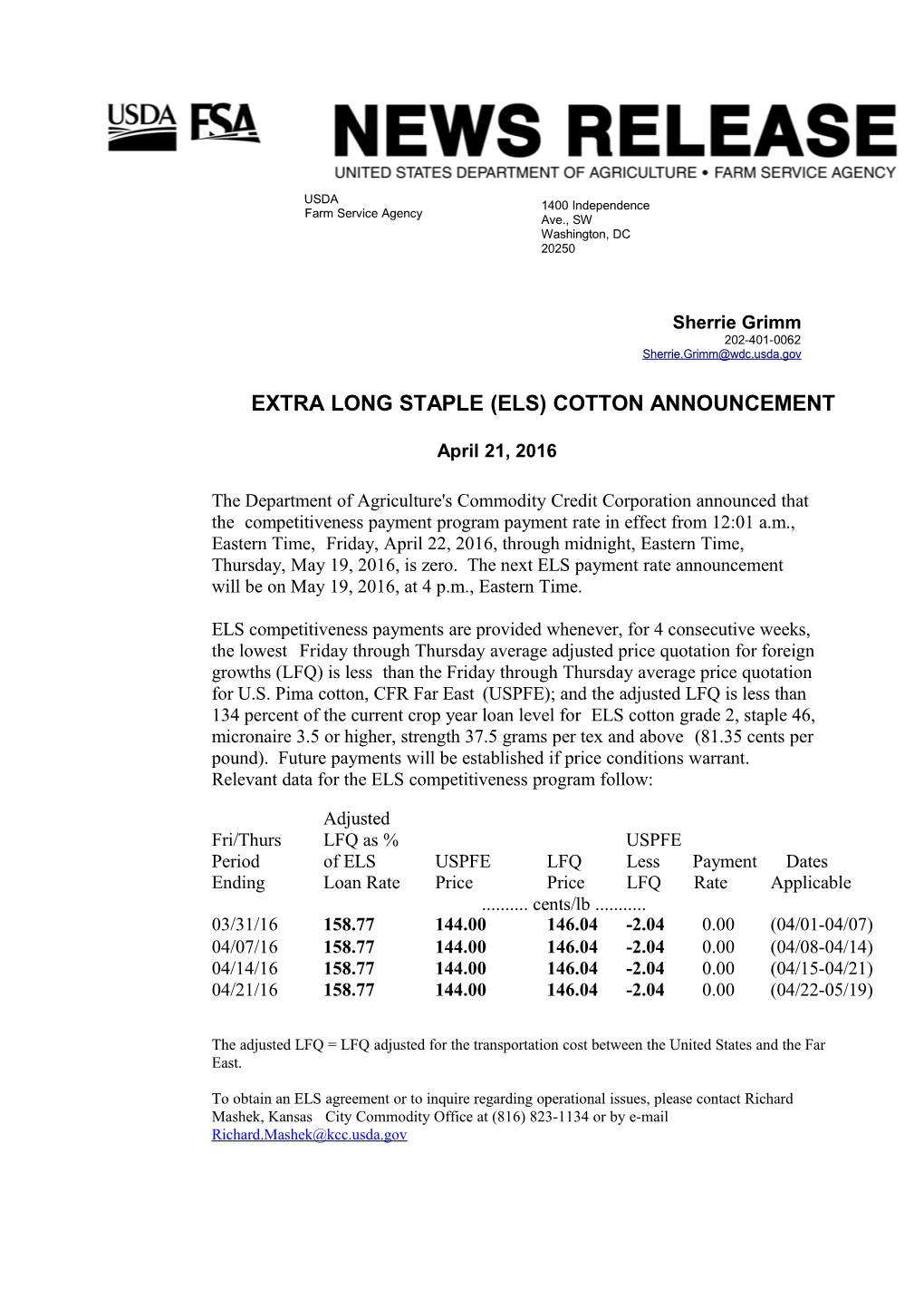Extra Long Staple (Els) Cotton Announcement