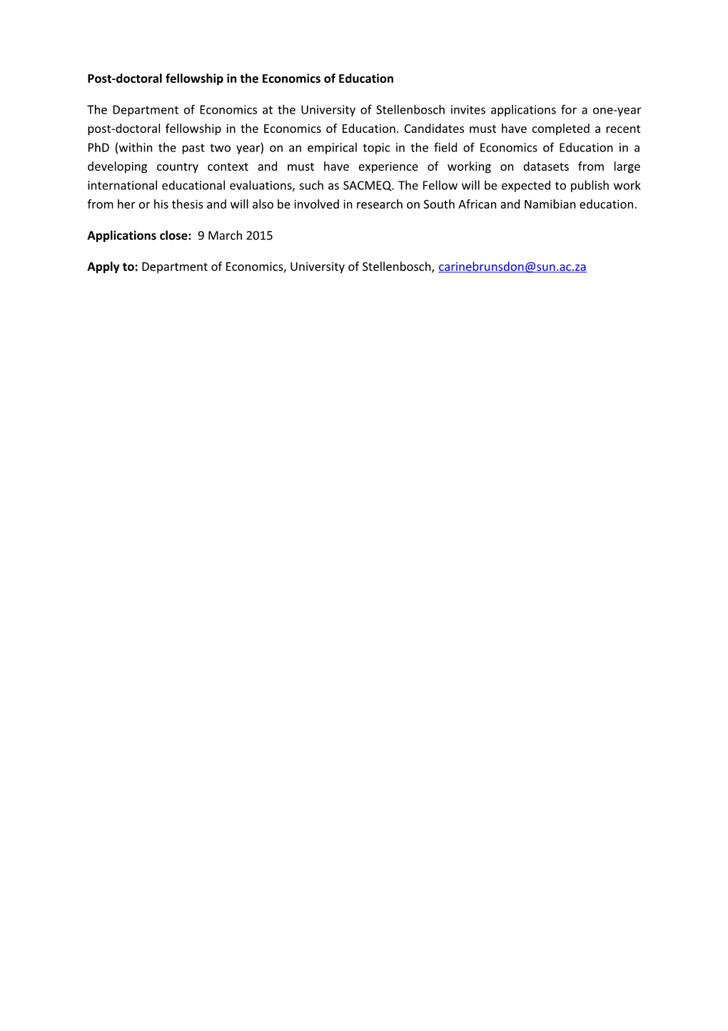 Post-Doctoral Fellowship in the Economics of Education