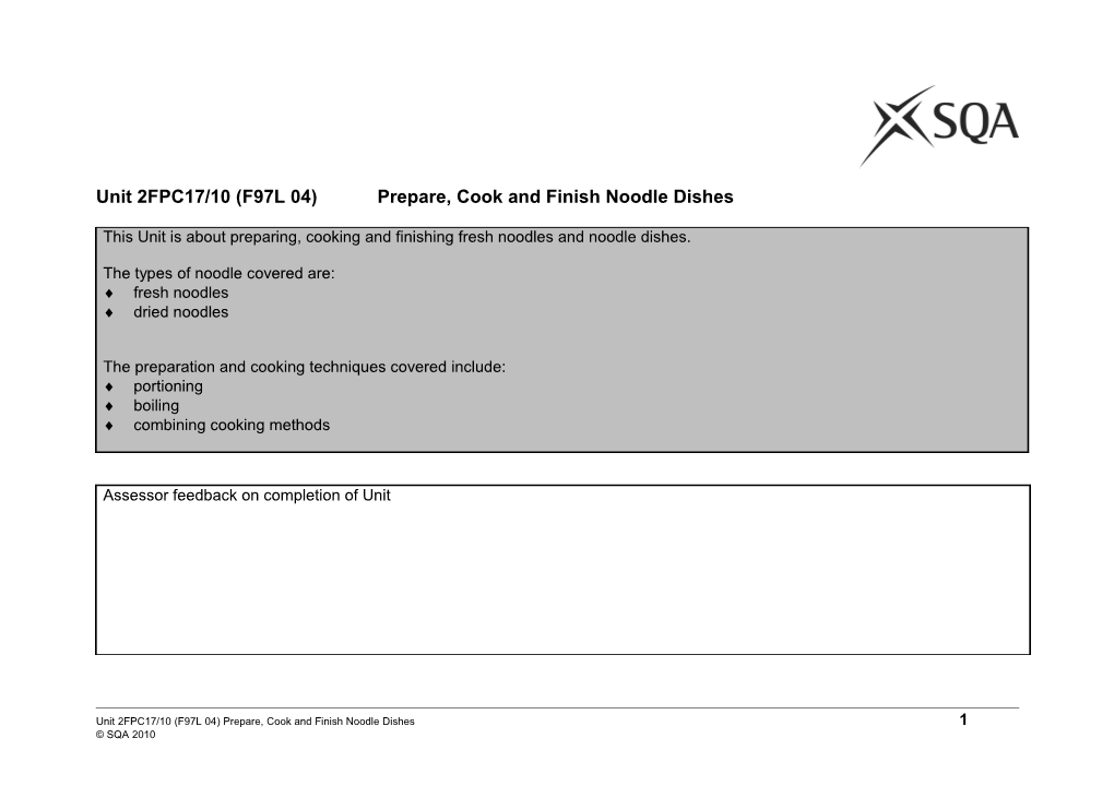 Unit 2FPC17/10 (F97L 04)Prepare, Cook and Finish Noodle Dishes