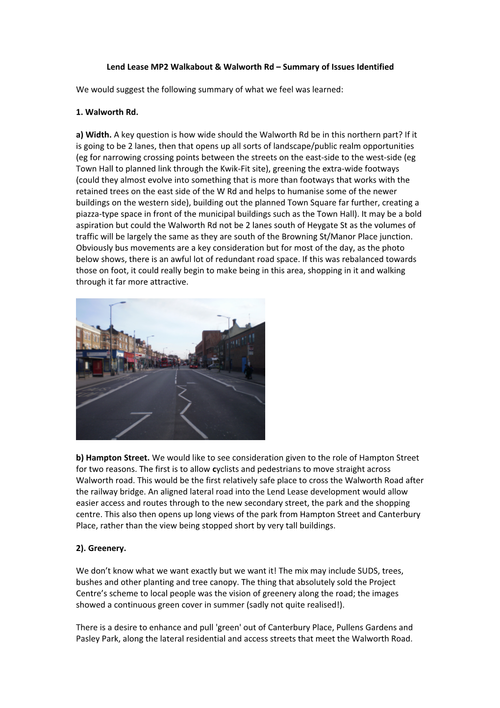 Lend Lease MP2 Walkabout & Walworth Rd Summary of Issues Identified