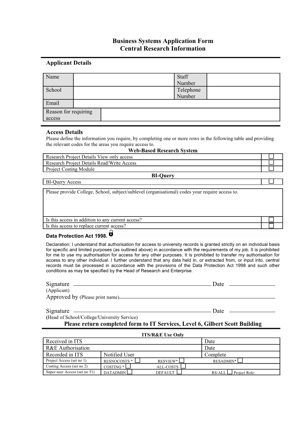 Business Systems Application Form for Access to Student Records