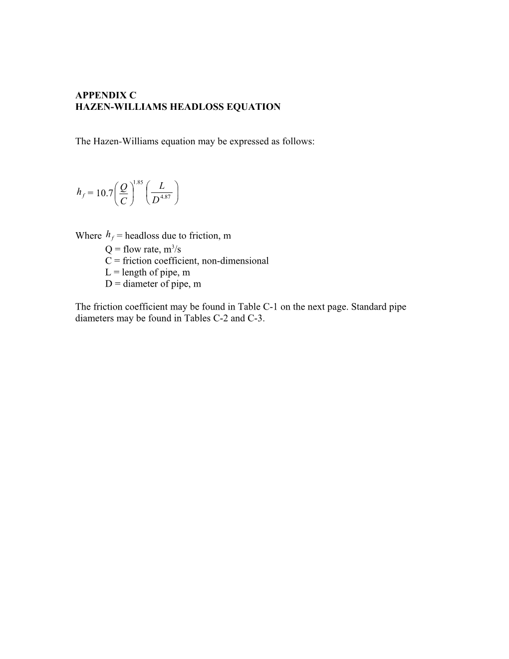 Hazen-Williams Headloss Equation