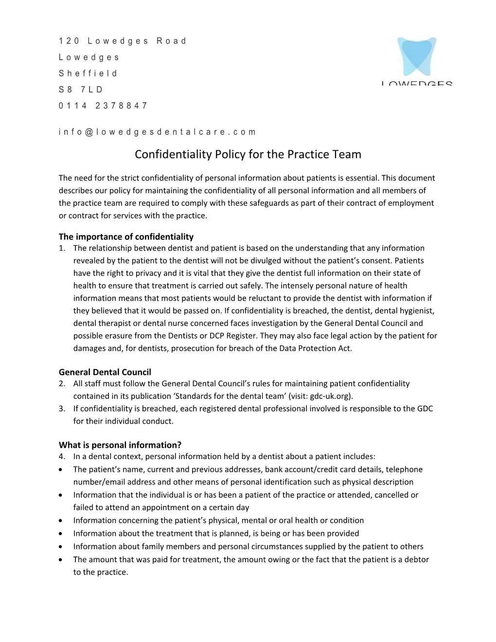 Confidentiality Policy for the Practice Team