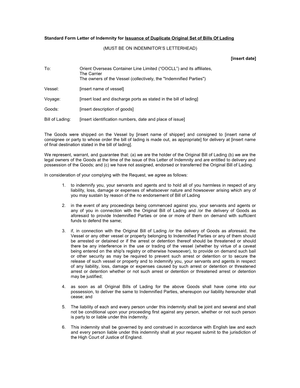 Standard Form Letter of Indemnity for Issuance of Duplicate Original Set of Bills of Lading