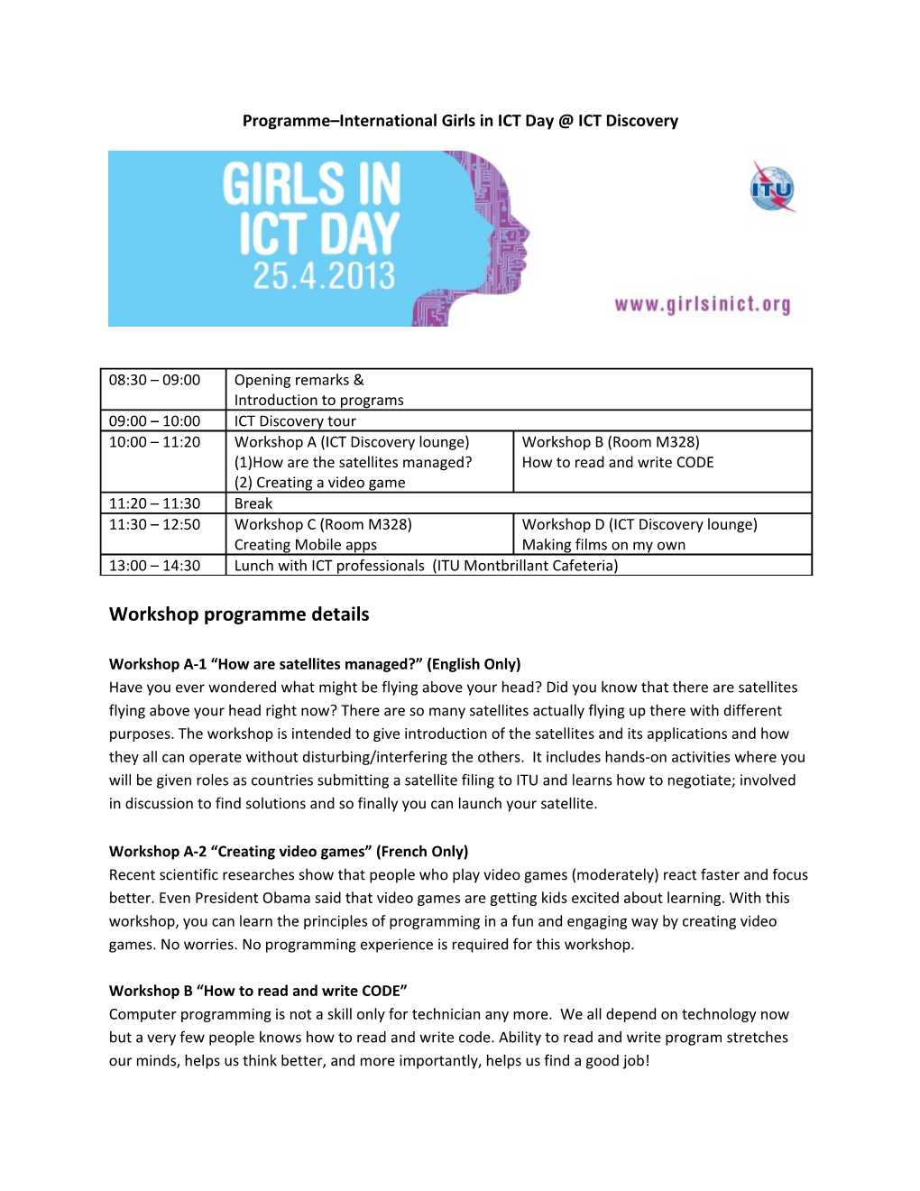 Programme International Girls in ICT Day ICT Discovery