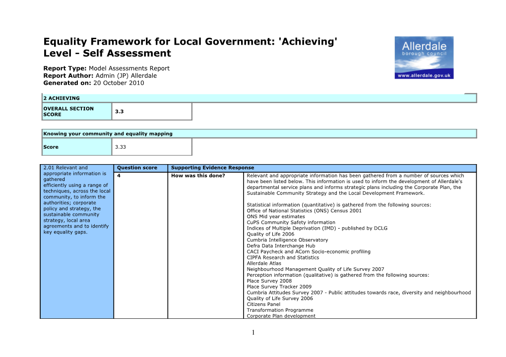 Equality Framework For Local Government: 'Achieving' Level - Self Assessment