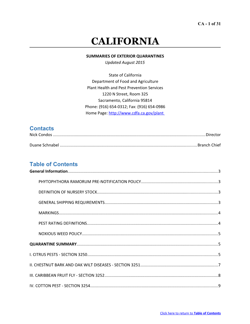 Summaries of Exterior Quarantines