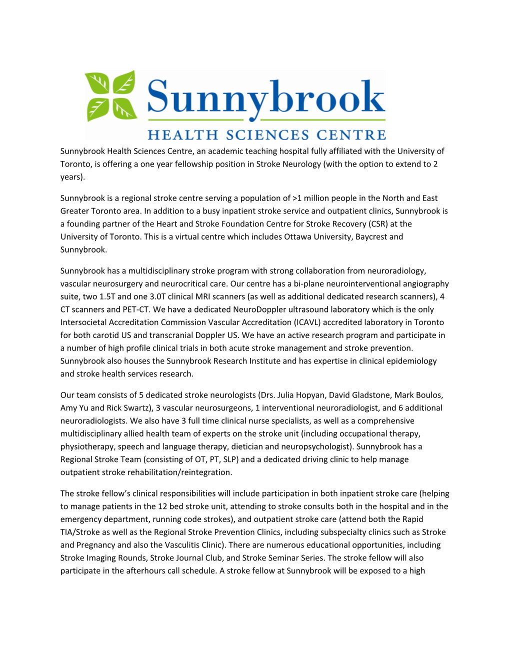 Sunnybrook Health Sciences Centre, an Academic Teaching Hospital Fully Affiliated With