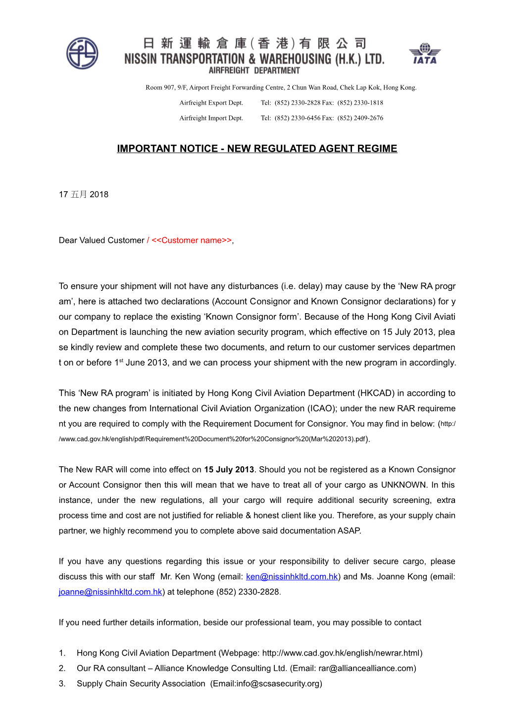 Important Notice - New Regulated Agent Regime