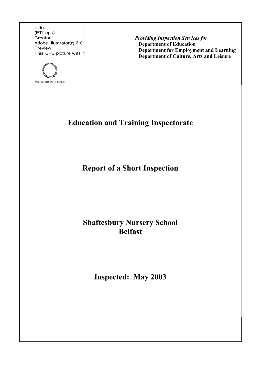 Report on the Inspection of Shaftsbury Nursery School, Percy Street, Belfast