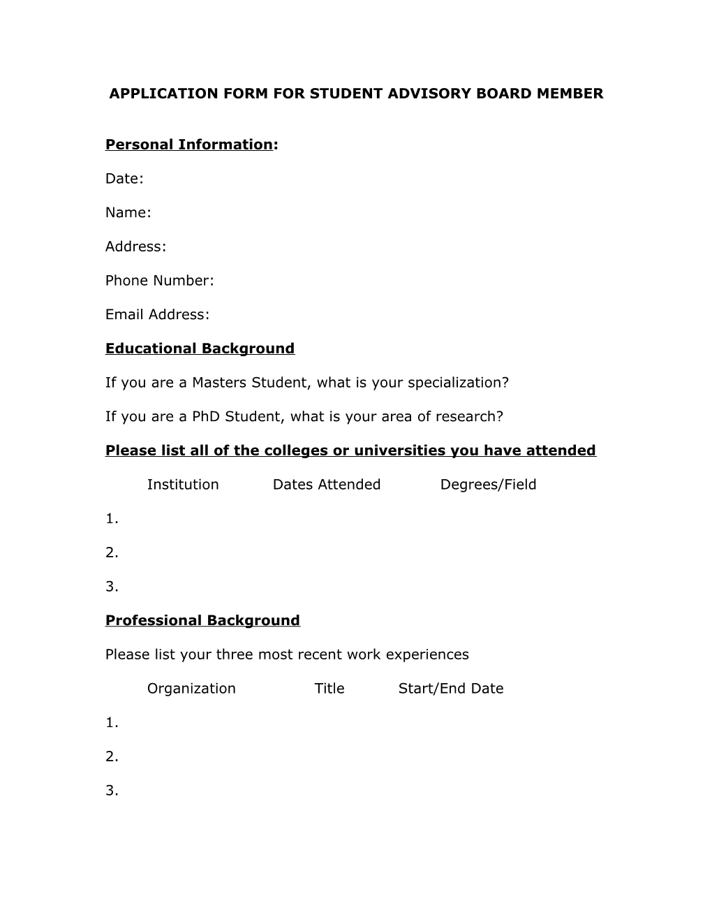 Application Form for Student Advisory Board Member
